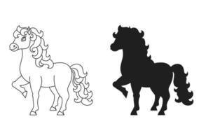 Cute unicorn. Magic fairy horse. Coloring book page for kids. Black silhouette. Cartoon style. Vector illustration isolated on white background.