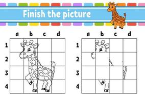 Finish the picture. Giraffe animal. Coloring book pages for kids. Education developing worksheet. Game for children. Handwriting practice. Coon character. Vector illustration.