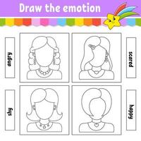 Draw the emotion. Worksheet complete the face. Coloring book for kids. Cheerful character. Vector illustration. Black contour silhouette. Isolated on white background.