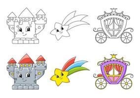 Set coloring page for kids. Fairytale theme. Cute cartoon characters. Black stroke. With sample. Vector illustration.