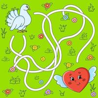 Funny maze for kids. Puzzle for children. cartoon character. Labyrinth conundrum. Color vector illustration. Find the right path. Valentine's Day