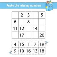 Paste the missing numbers 1-20. Game for children. Handwriting practice. Learning numbers for kids. Education developing worksheet. Activity page. Isolated vector illustration in cute cartoon style.