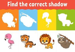 Find the correct shadow. Education worksheet. Matching game for kids. Color activity page. Puzzle for children. Animal theme. Isolated vector illustration.