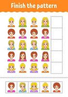 Finish the pattern. Cut and play. Education developing worksheet. Activity page. cartoon character. Vector illustration.