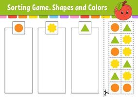 Sorting game. Shapes and colors. Cut and glue. Education developing worksheet. Game for kids. Color activity page. Puzzle for children. Cute character. Vector illustration. cartoon style.