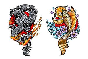 artes del tatuaje japonés dragón y koi vector