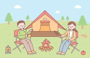 Couple camping outdoors with tent and bonfire. flat design style vector illustration.