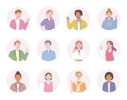 People of various styles are making gestures in a round frame. vector