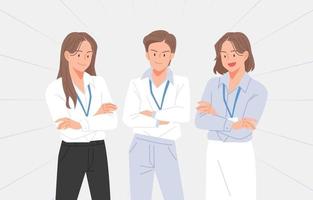 mujeres de negocios con identificaciones de empleados alrededor del cuello están de pie en una pose segura y mirando hacia adelante. vector