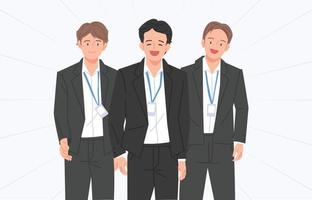 los empresarios con identificaciones de empleados alrededor del cuello están parados en una pose segura y mirando hacia adelante. vector