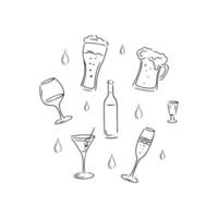 Glasses for alcohol set. Glass for wine, beer, champagne, cognac, cocktail and glass bottle isolated on white background. Vector illustration in sketch style