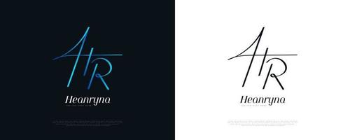 diseño del logotipo de la firma inicial hr con estilo de escritura a mano en degradado azul. diseño inicial del logotipo h y r para bodas, moda, joyería, boutique e identidad de marca comercial vector
