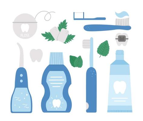 Tooth care tools vector set. Collection of elements for cleaning teeth. Dentistry equipment isolated on white background. Toothpaste, brush, floss illustration. Dentist icons pack