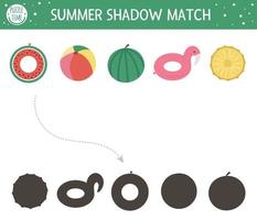 Summer shadow matching activity for children. Preschool sea vacation puzzle. Cute exotic educational riddle. Find the correct silhouette printable worksheet. Simple beach holiday game for kids vector