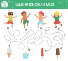 Summer maze for children. Preschool beach holidays activity. Funny puzzle with cute boys, girl and ice-cream. Holiday game for kids. Printable activity with child and ice cream