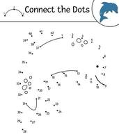actividad vectorial punto a punto con lindo animal. conecta el juego de puntos. dibujo lineal de delfines. divertida página para colorear de verano para niños. vector