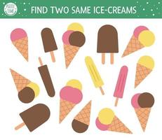 Find two same ice-creams. Summer matching activity for preschool children with different ice cream. Funny holiday activity for kids. Logical quiz worksheet. Simple printable game for kids vector