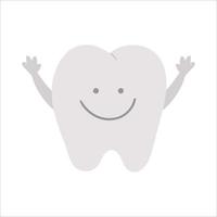 Cute kawaii tooth with hands up. Vector teeth icon for children design. Funny dental care picture for kids. Dentist baby clinic clipart with mouth hygiene concept on white background.