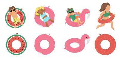 Vector set with children on inflatable rings. Kids floating on the funny rubber circles.  Swimming equipment isolated on white background. Fun summer illustration