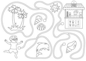 Summer black and white maze for children. Preschool beach holidays activity. Funny puzzle with cute boy, ice-cream stall, seashells. Holiday coloring game for kids. Printable activity with ice cream vector