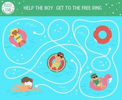 Summer maze for children. Preschool beach holidays activity. Funny puzzle with cute swimming boys, girls, rubber rings. Holiday game for kids. Printable activity with child in the water
