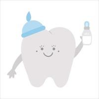 Cute kawaii tooth holding milk bottle. Vector teeth icon for children design. Funny dental care picture for kids. Dentist baby clinic clipart with mouth hygiene concept on white background.