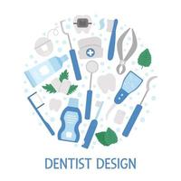 Vector round frame with tooth care tools. Card template with elements for cleaning teeth. Dentistry equipment banner isolated on white background. Dentist icons framed in circle