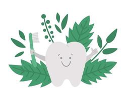 Cute kawaii tooth with toothbrush and thumb up. Vector teeth composition for children design. Funny dental care picture for kids. Dentist mouth hygiene concept on background with green leaves