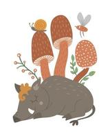 vector dibujado a mano jabalí dormido plano con setas e insectos. divertida plantilla de tarjeta de animales del bosque. lindo bosque cerdo ilustración para niños diseño, impresión