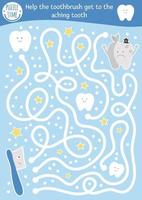 Dental care maze for children. Preschool medical activity. Funny puzzle game with cute kawaii toothbrush and ill teeth. Help the brush get to the aching tooth. Mouth hygiene labyrinth for kids vector