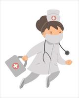 Vector woman doctor in medical hat and mask with stethoscope running to help. Cute funny hospital, clinic or emergency service character. Medicine picture for children. Healthcare icon