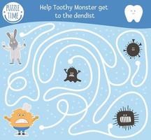 Dental care maze for children. Preschool teeth clinic activity. Funny puzzle game with cute doctor rabbit, ill toothy creature, microbes. Help the monster get to the dentist. Mouth hygiene labyrinth vector