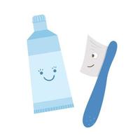 Icono de cepillo de dientes y pasta de dientes kawaii aislado sobre fondo blanco. herramienta divertida para el cuidado de los dientes vectoriales. lindo elemento para limpiar los dientes. ilustración de equipo de odontología. cepillo de dientes azul con pasta de dientes vector