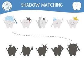 actividad de emparejamiento de sombras de cuidado dental para niños con dientes lindos. hoja de trabajo preescolar de higiene bucal. encuentra el juego de silueta correcto con el diente kawaii. vector