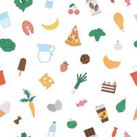 Seamless pattern with junk and healthy food and drink icons. Vector repeat background with ice-cream, pizza, vegetables, milk products, chocolate, candy, pastry. Flat hand drawn nutrition texture.