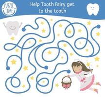 Dental care maze for children. Preschool dentist clinic activity. Funny puzzle game with cute fantasy girl and teeth. Help the Tooth Fairy get to the tooth. Mouth hygiene labyrinth for kids vector
