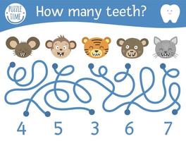 Dental care maze for children. Preschool math activity with toothy animals. Funny puzzle game with cute mouse, monkey, cat, bear, tiger. Counting labyrinth for kids. How many teeth vector
