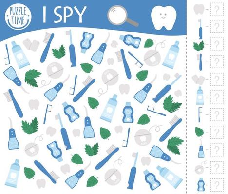Dental care I spy game for kids. Mouth hygiene themed searching and counting activity for preschool children with cute elements. Funny game for kids with teeth, brush, paste. Logical quiz worksheet.