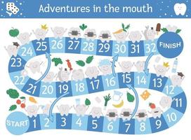 Dental adventure board game for children with cute characters. Educational tooth medicine boardgame. Teeth care activity. Mouth hygiene learning worksheet. vector