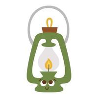 Vector kawaii camp lantern isolated on white background. Lighting equipment illustration for kids. Retro smiling lamp with eyes. Cute kerosene vintage torch for travelling.