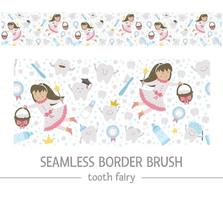 Cute tooth fairy seamless border brush. Kawaii fantasy princess horizontal background with funny smiling toothbrush, baby, molar, toothpaste, teeth. Funny dental care texture for kids. vector