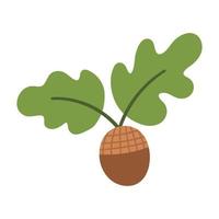 bellota plana vectorial con hojas de roble. icono de bosque otoñal de estilo plano. caída divertida o ilustración de vegetación forestal aislada sobre fondo blanco vector