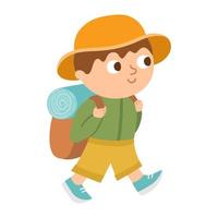 Vector cute boy with backpack. Hiking traveler isolated on white background. Outdoor tourist icon. Cute cartoon kid doing summer camp activity. Funny hiker illustration