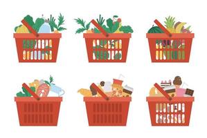 Vector set of red shopping basket icons with products isolated on white background. Plastic shop cart with vegetables, fruit, water, fast and sweet food. Healthy and unhealthy ingredients illustration
