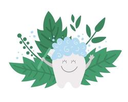 Cute kawaii tooth cleaning himself with toothbrush. Vector teeth composition for children design. Funny dental care picture for kids. Dentist mouth hygiene concept on background with green leaves