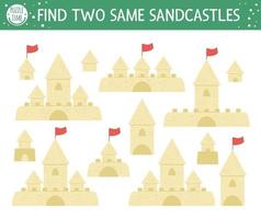 Find two same sandcastles. Summer matching activity for preschool children with castles made of sand. Funny holiday activity for kids. Logical quiz worksheet. Simple printable game for kids vector