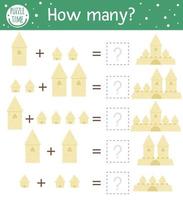 Math game with sandcastles. Summer mathematic activity for preschool children. Beach holiday counting worksheet. Educational addition riddle with cute element for kids vector