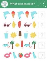 What comes next. Summer matching activity for preschool children with beach objects. Funny sea vacation puzzle for kids. Logical quiz worksheet. Continue the row. Simple game for kids vector