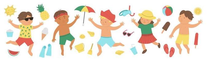 Vector summer set with children in swimming suits with beach objects. Cute happy kids collection. Fun sea holidays illustration. Summer design elements isolated on white background.