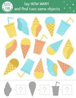 Summer counting game with ice-cream, lemonade and seashell. Beach food math activity for preschool children. How many objects worksheet. Educational printable with cute funny pictures for kids vector